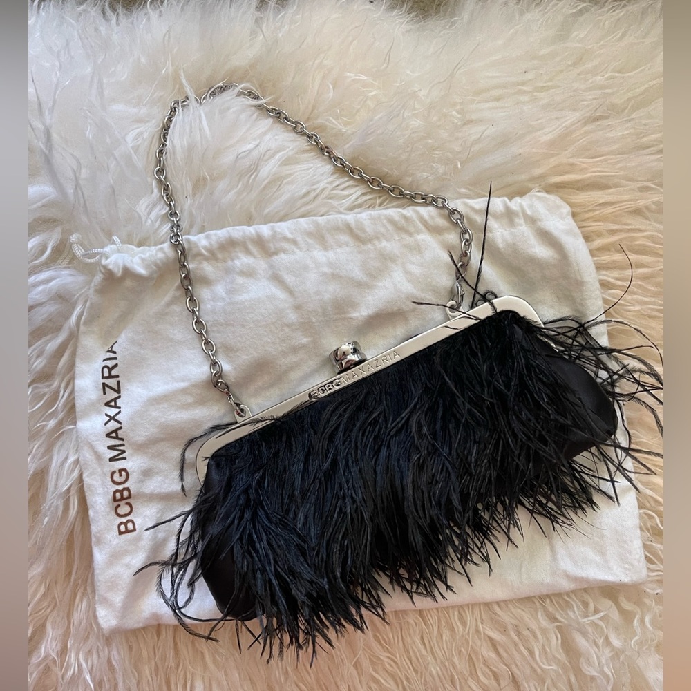 BCBGMaxAzria Black Ostrich Feather Clutch with removal chain strap